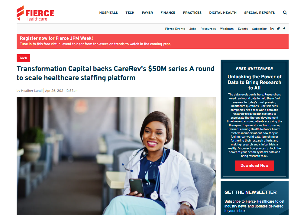 Fierce Healthcare: Transformation Capital backs CareRev's $50M series A round to scale healthcare staffing platform
