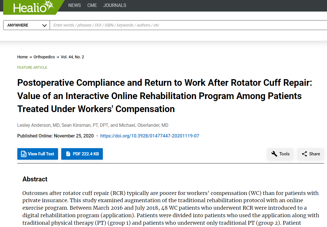 Healio: Postoperative Compliance and Return to Work After Rotator Cuff Repair: Value of an Interactive Online Rehabilitation Program Among Patients Treated Under Workers' Compensation