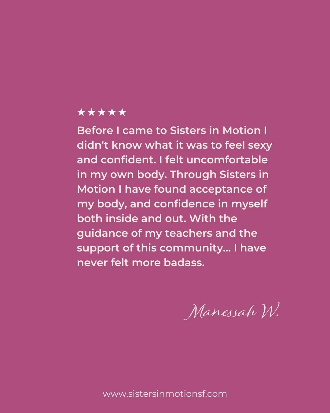 Client testimonial for pole dance studio sisters in motion in san francisco