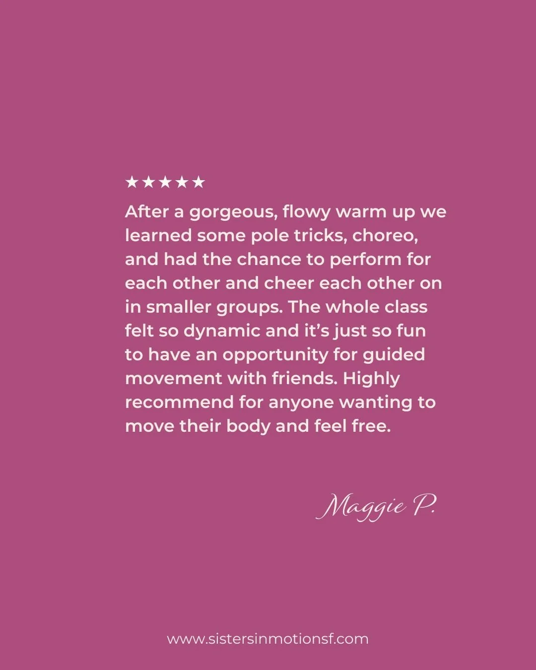 client testimonial for a pole dance studio for women in san francisco,