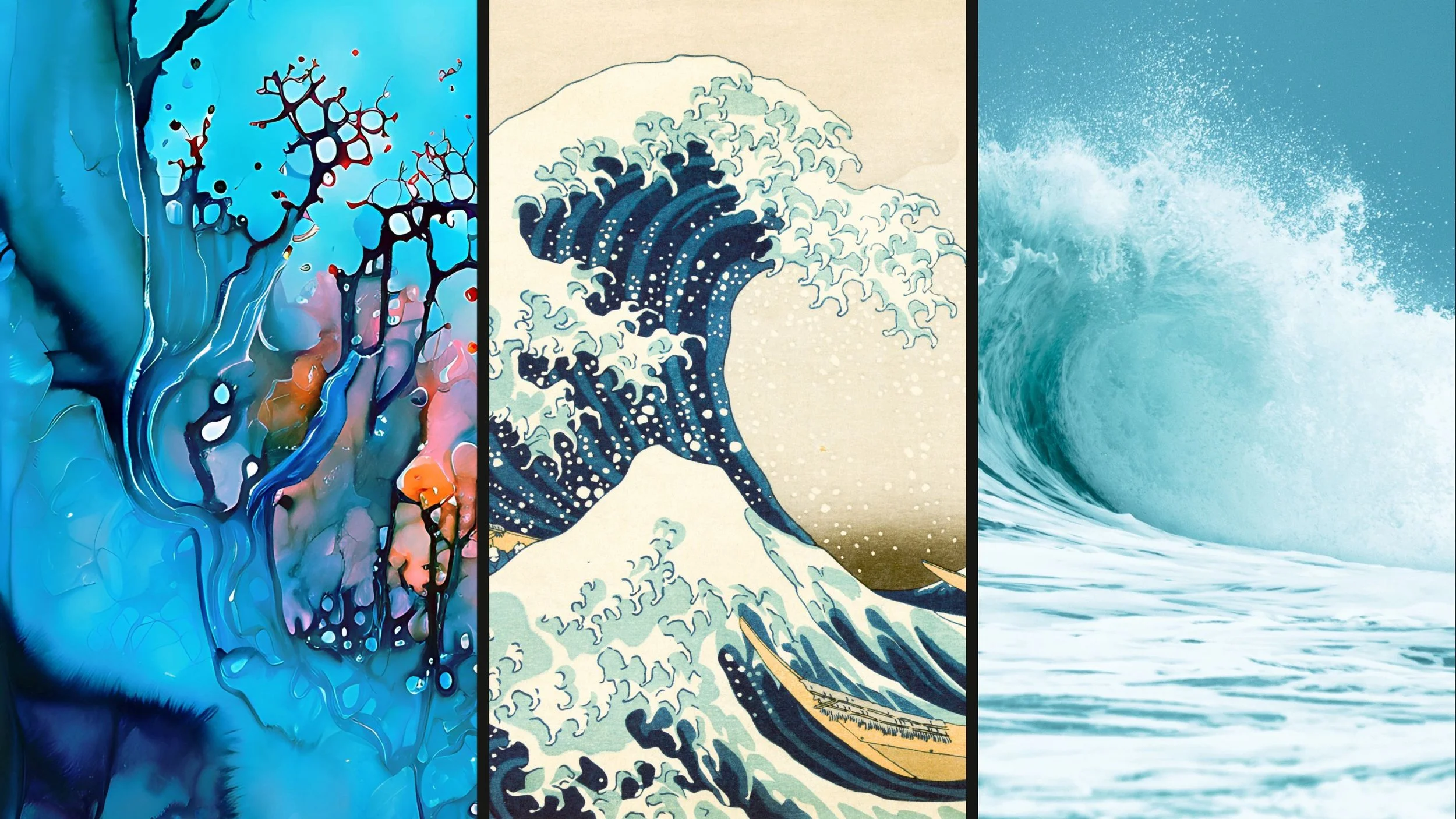 Three waves side by side, one abstract, one rendered as a woodblock print and one is a realistic photograph