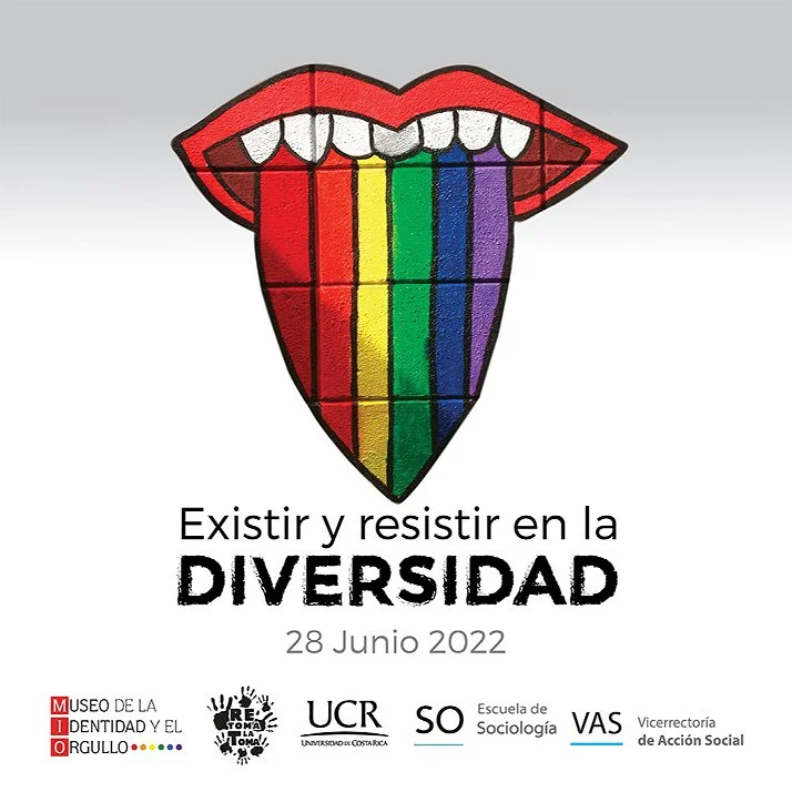 Afiche gráfico con una boca de la que sale una lengua multicolor con la bandera queer