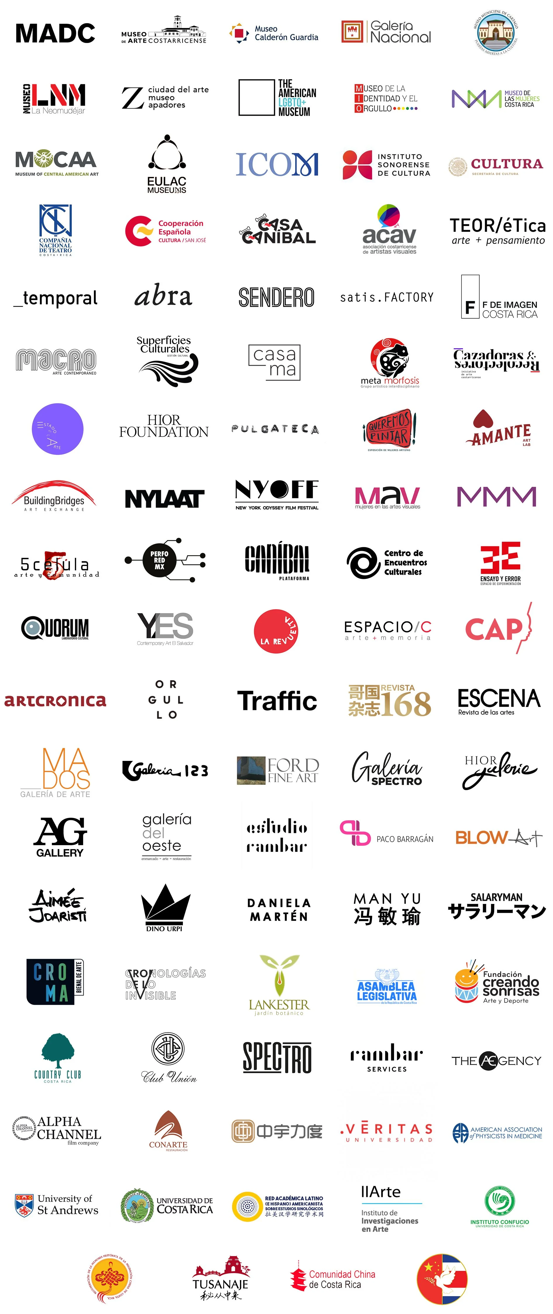 Logos de múltiples entidades públicas, privadas, independientes relacionadas con el arte en Costa Rica, España y Latinoamérica
