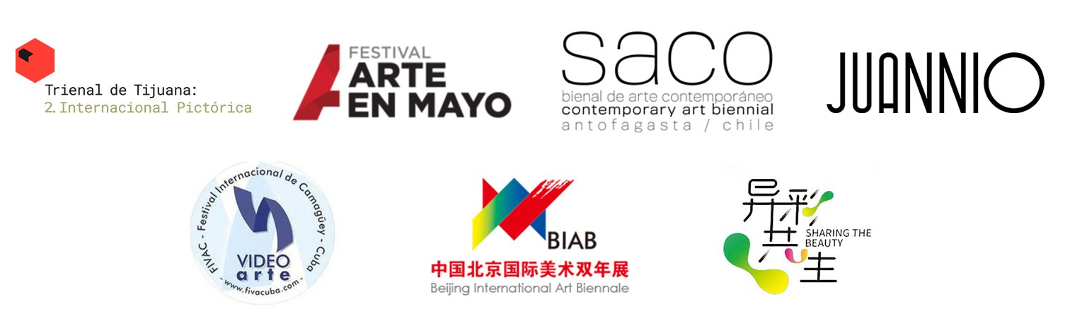 Logos de la Trienal de Tijuana, Festival de Arte en Mayo, Bienal SACO, Juannio, FIVAC, Bienal Internacional de Beijing
