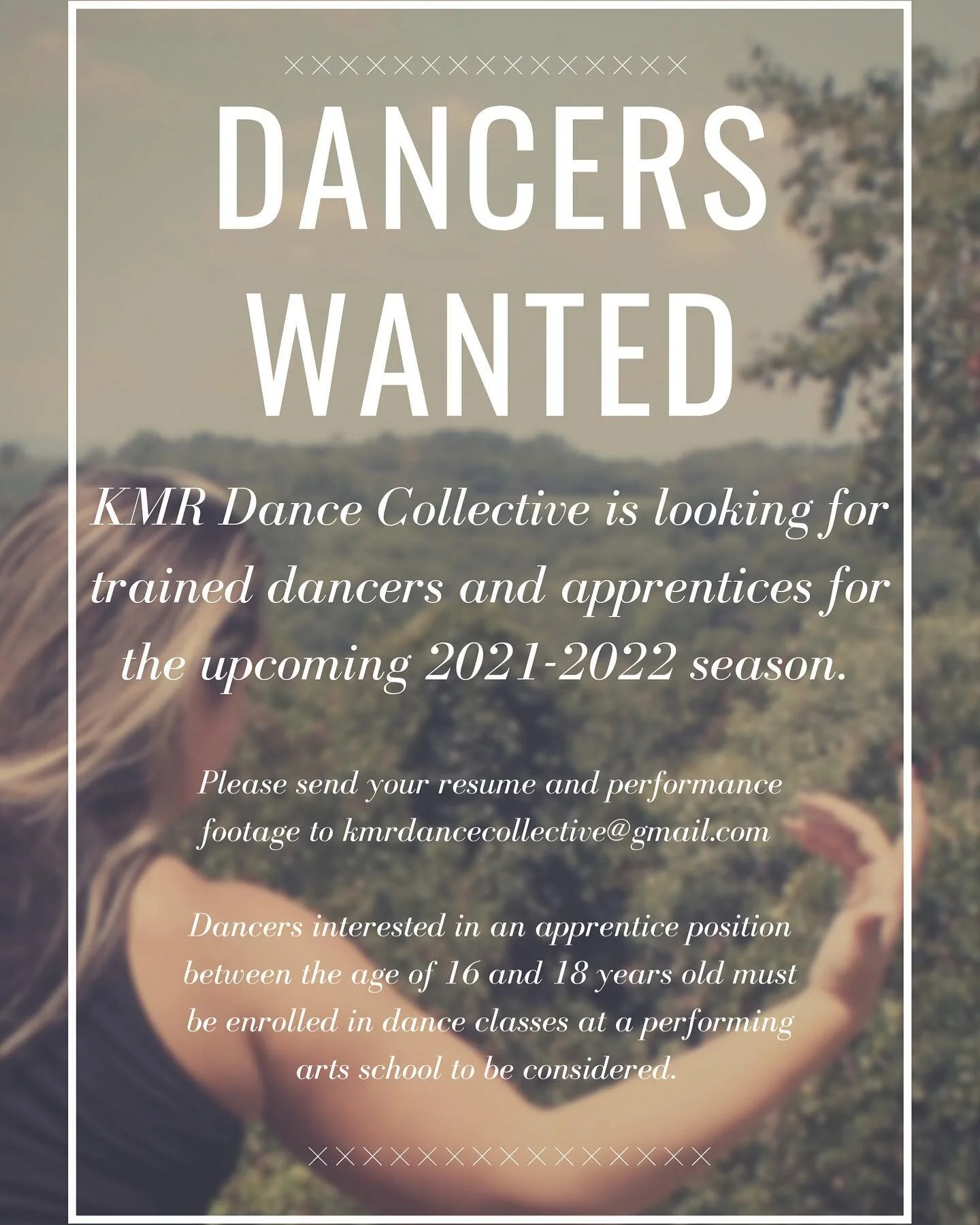 We are looking for dancers for the 2021-2022 season! 
Please send your resume, video footage, and any questions you may have to kmrdancecollective@gmail.com

#dance #hagerstownmd #dancecompany #movementart #performanceart