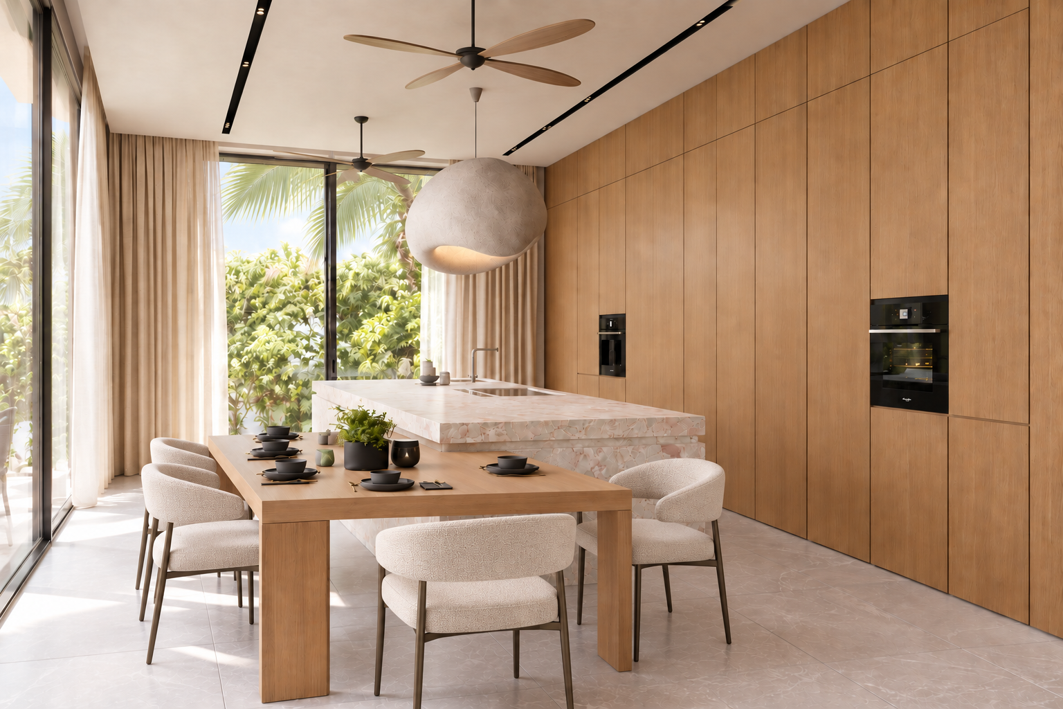 Contemporary ivory chairs around oak dining table-2.png