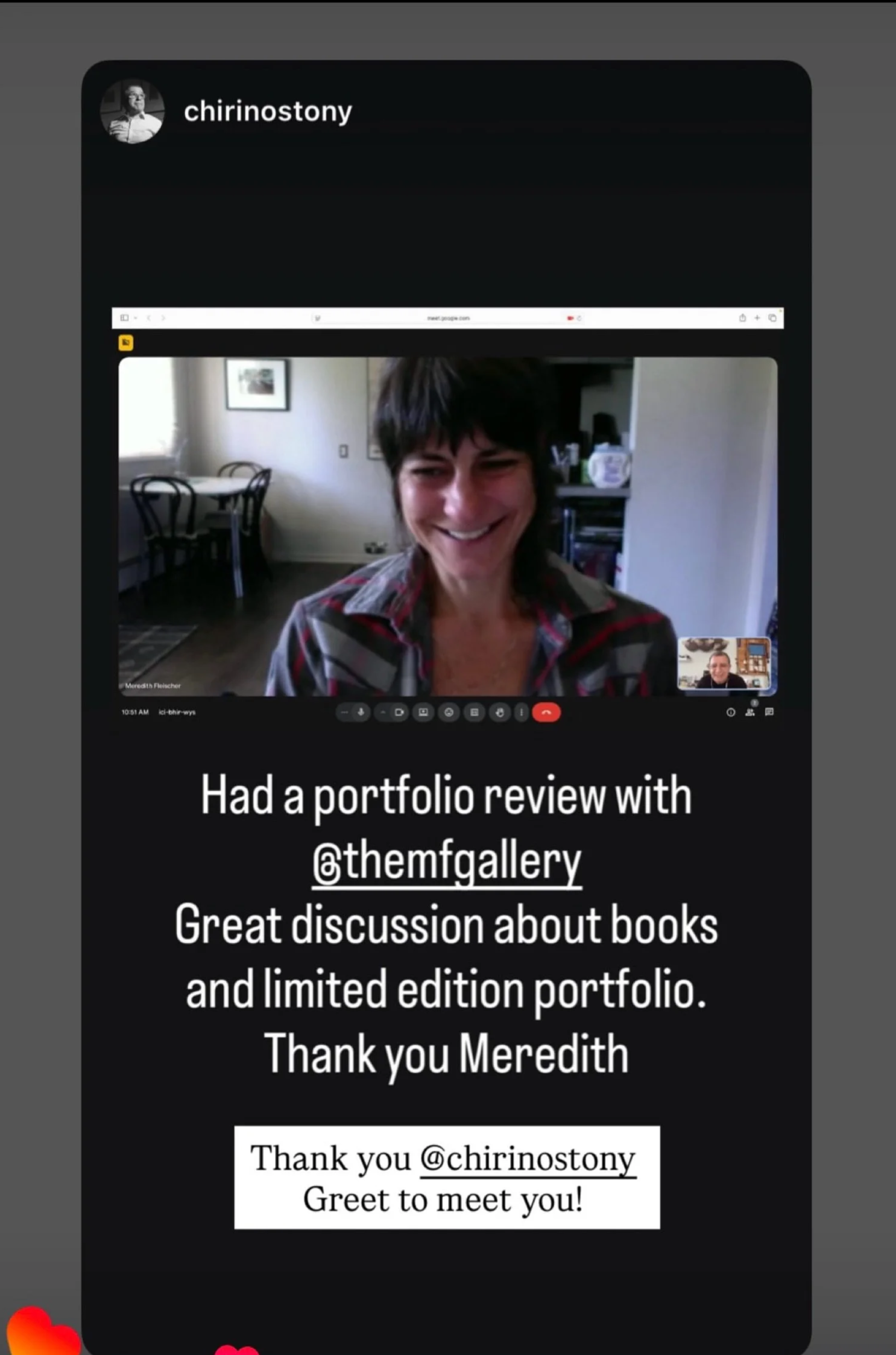 Instagram story screenshot from photographer Tony Chirinos sharing feedback after a portfolio review with The MF Gallery.