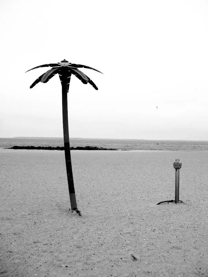 A black and white photo of a deserted beach with a broken plastic palm tree and an empty light pole on the sand, with the ocean in the background.