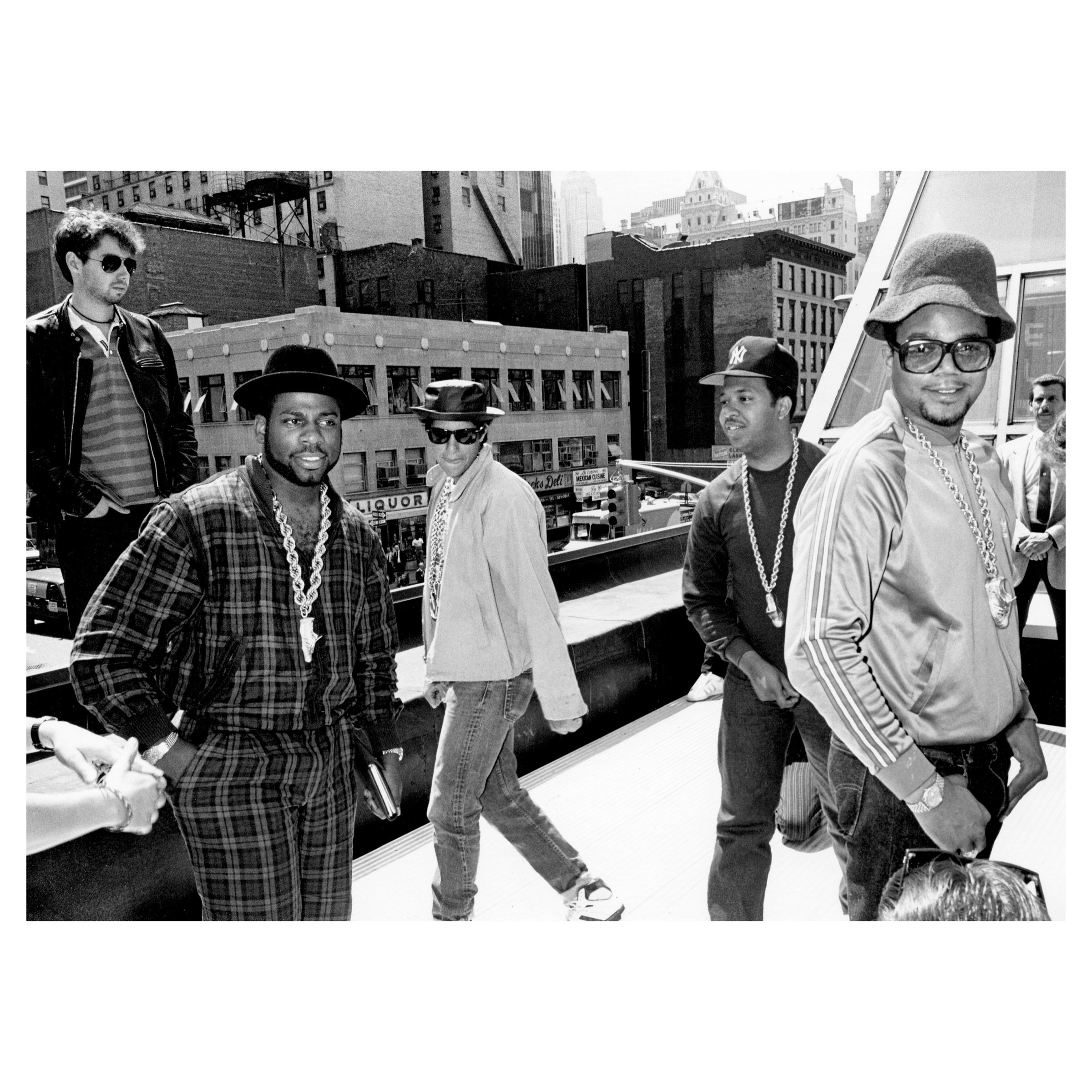 Adam Yauch (MCA) and Adam Horovitz (Ad-Rock) of the Beastie Boys with Jason Mizell, Joseph Simmons and Darryl McDaniels of Run-DMC, New York City, November 11, 1987 © Ron Galella