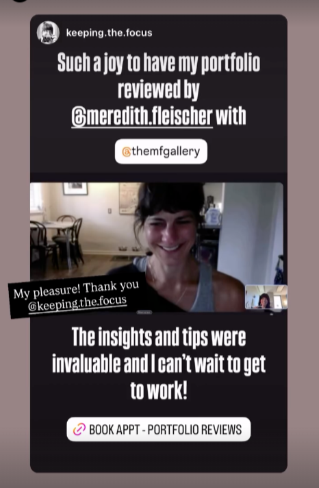 Instagram story screenshot from photographer Aubrey Guzman sharing feedback after a portfolio review with The MF Gallery.