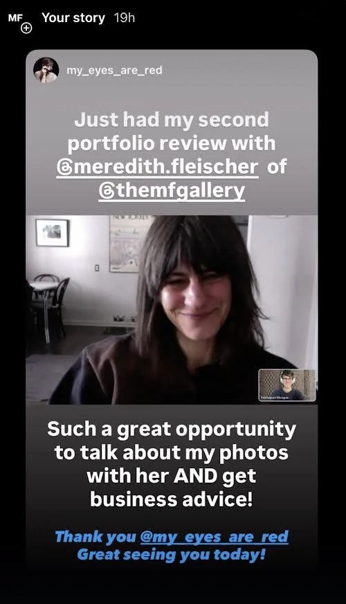 Instagram story screenshot from photographer Padma Muzquiz sharing feedback after a portfolio review with The MF Gallery.