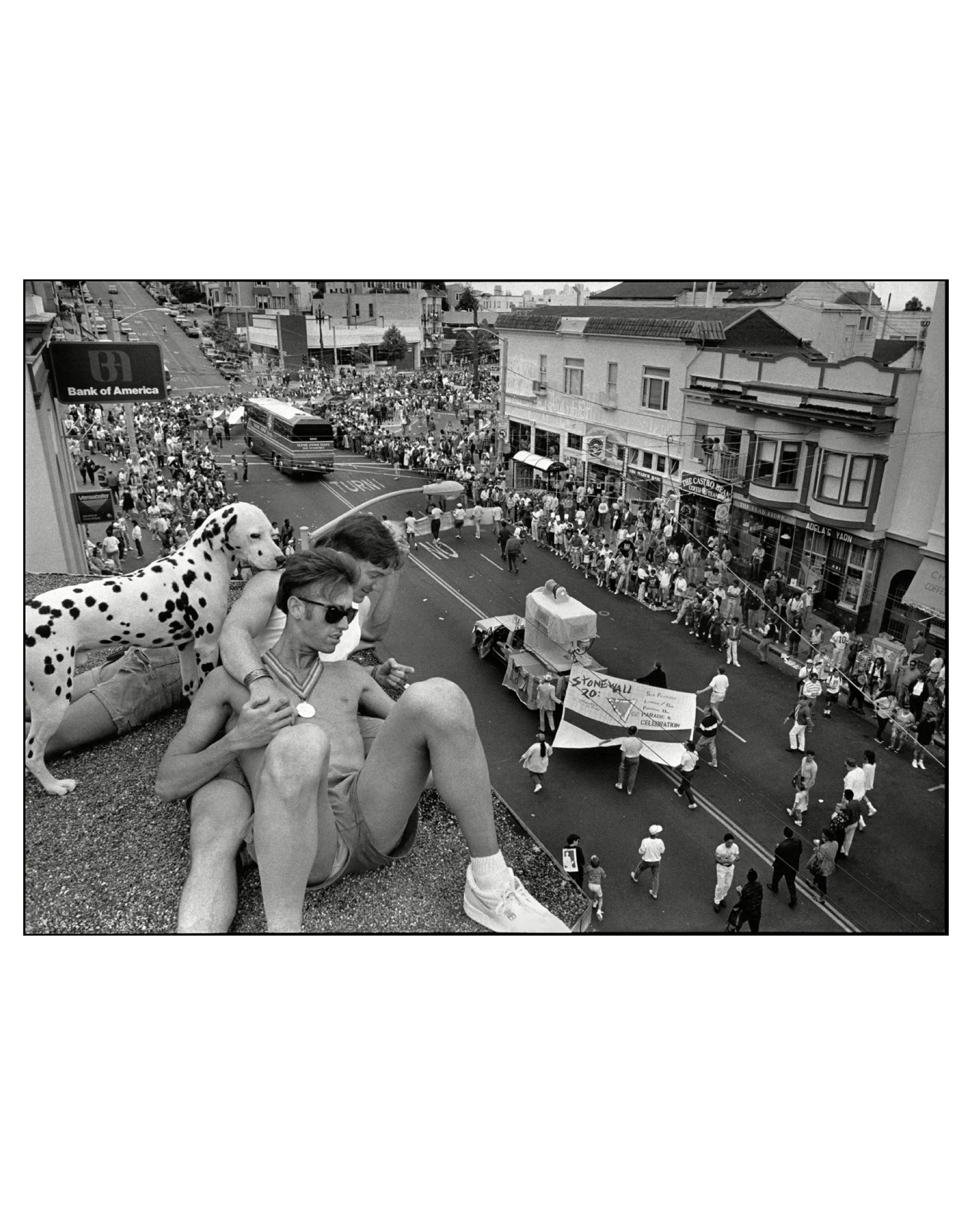 Castro Street, Men and Dalmatian Dog on Rooftop’ The International Gay & Lesbian Freedom Day Parade San Francisco, CA 1989 © Saul Bromberger & Sandra Hoover