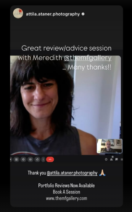 Instagram story screenshot from photographer Attila Ataner sharing feedback after a portfolio review with The MF Gallery.