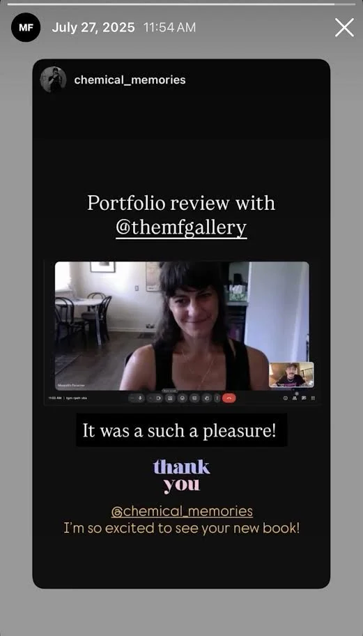 Instagram story screenshot from photographer Braeden Young sharing feedback after a portfolio review with The MF Gallery.