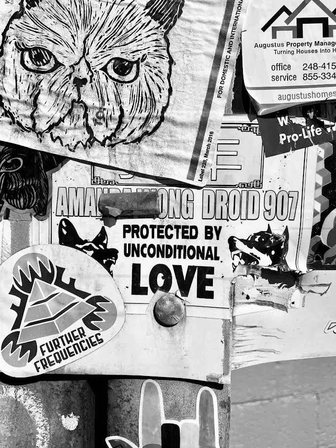 Black and white photo of a bulletin board with various stickers and notices, including a detailed drawing of an owl, a logo with a geometric shape and the word "FURTHER FREQUNECIES," and a sign about love and protection.