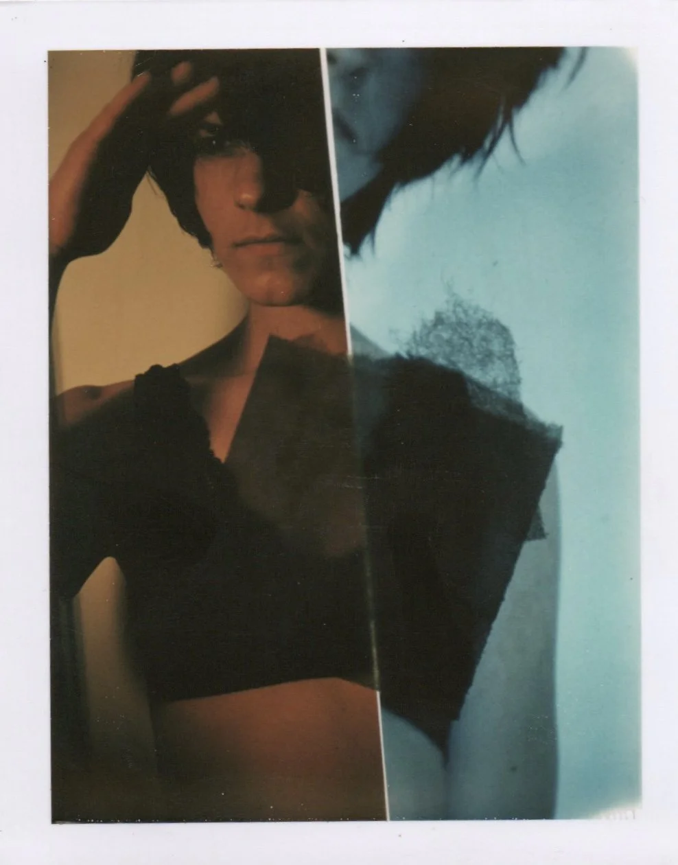 A staged photo split into two halves of a woman with dark hair, wearing a black top, with one side showing her face with her hand on her head and the other side showing her shoulder and part of her face with a plain background.