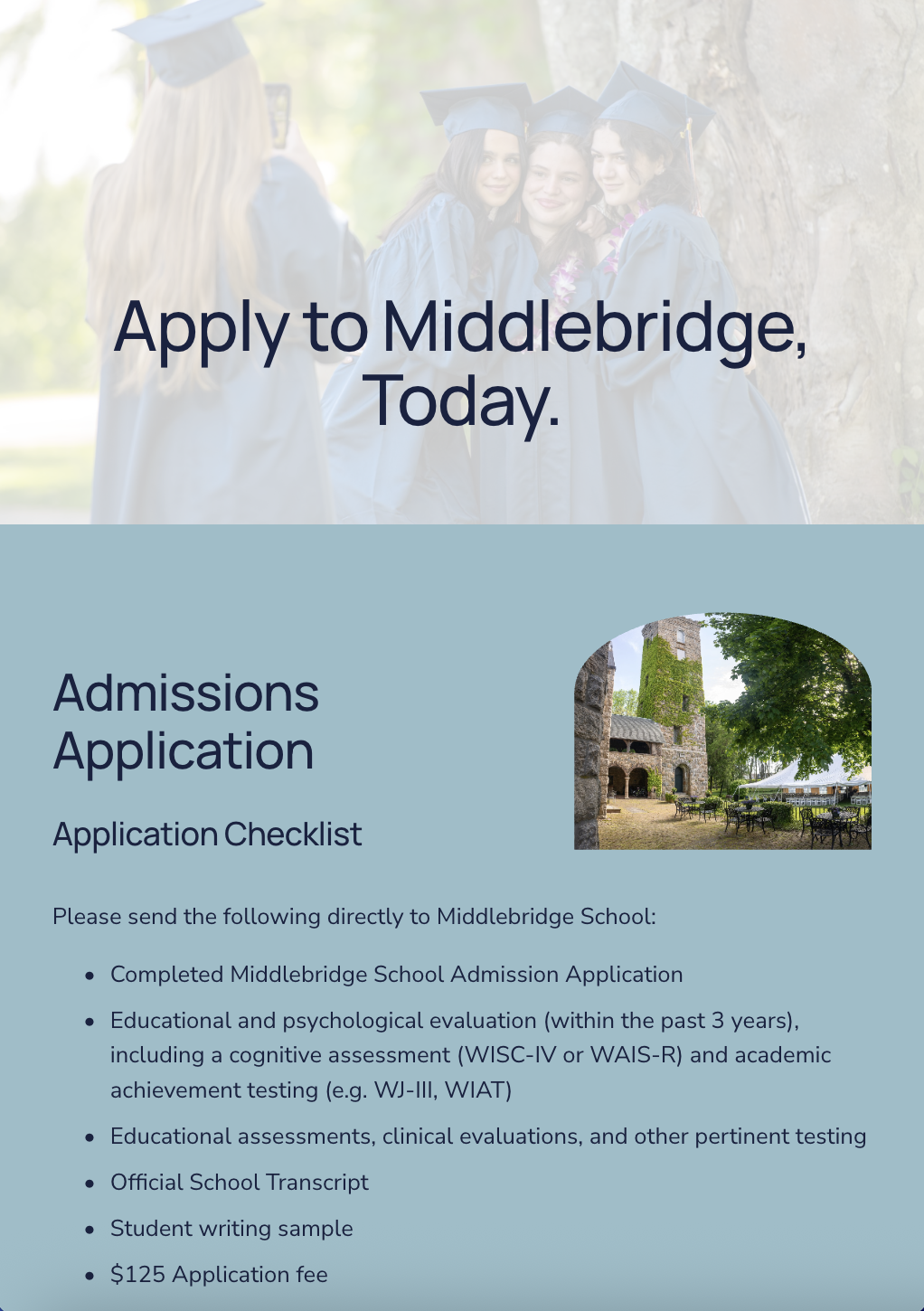 Flyer for Middlebridge School with a group of graduates in caps and gowns and text about applying to Middlebridge School.