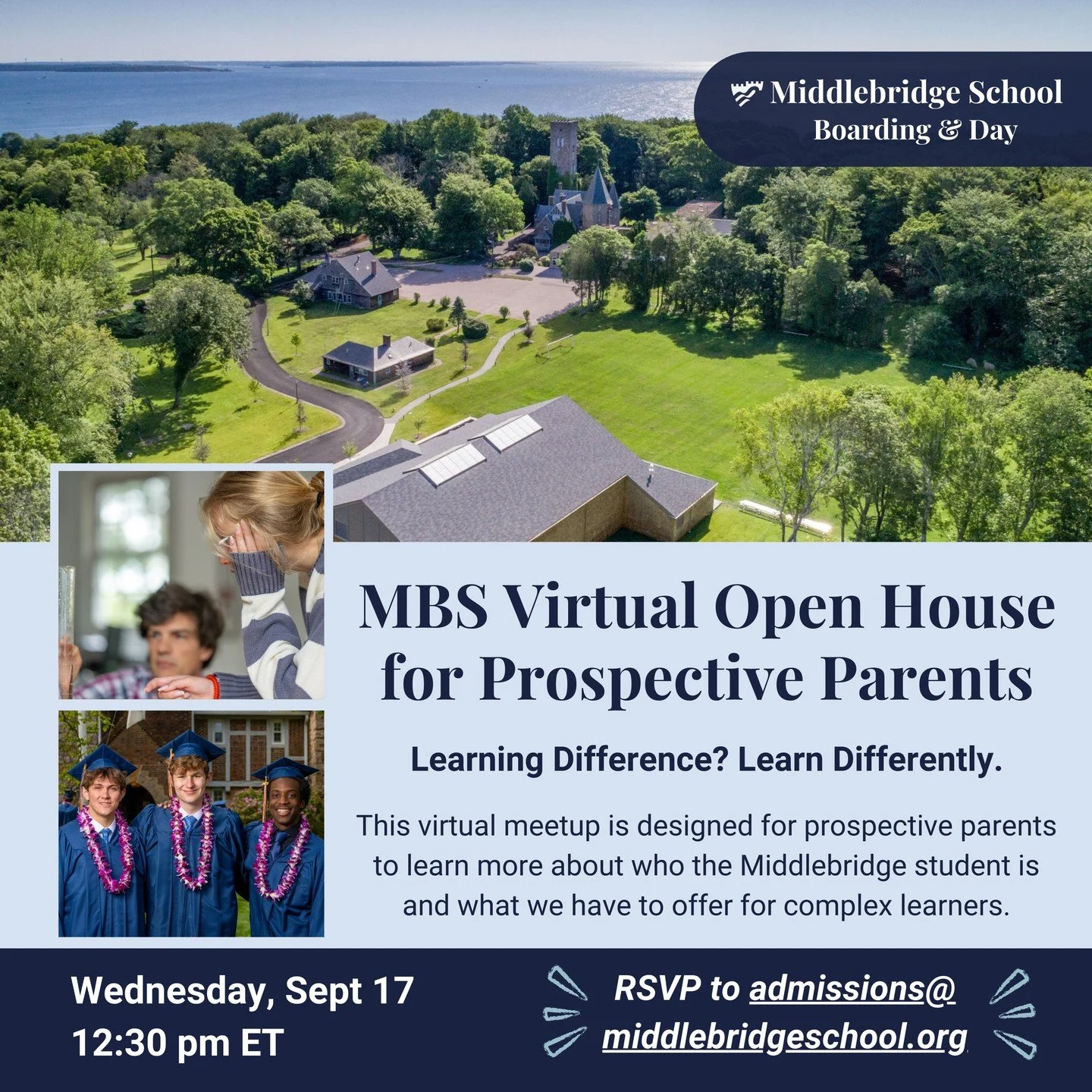 ✨ Discover Middlebridge School ✨
Find out what makes our community unique at our Virtual Open House 💻
Wed, Sept 17 &bull; 12:30 PM ET 📅

🎓 Hear from our faculty
🌊 See our beautiful coastal campus (virtually!)
💬 Learn about our supportive, studen