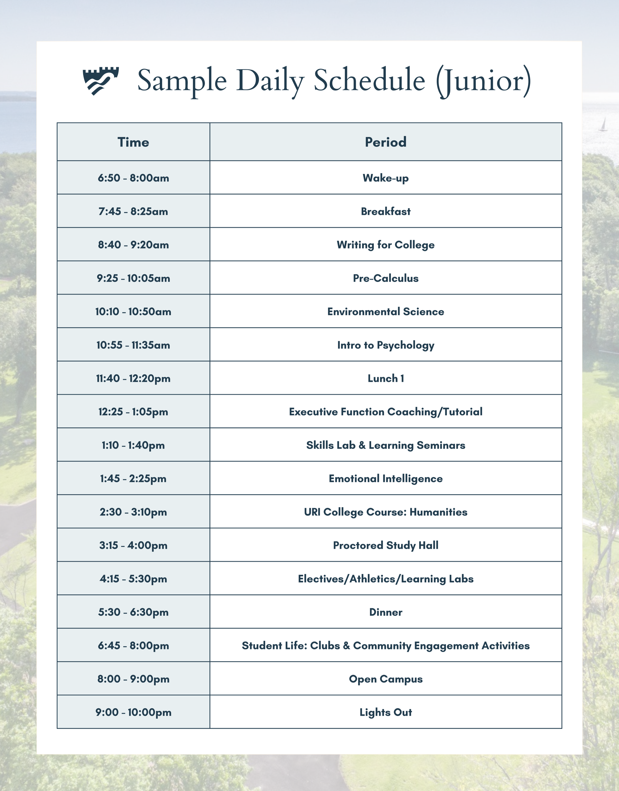 Sample daily schedule for juniors, listing times and activities including wake-up, breakfast, classes, lunch, coaching, labs, dinner, clubs, open campus, and lights out.