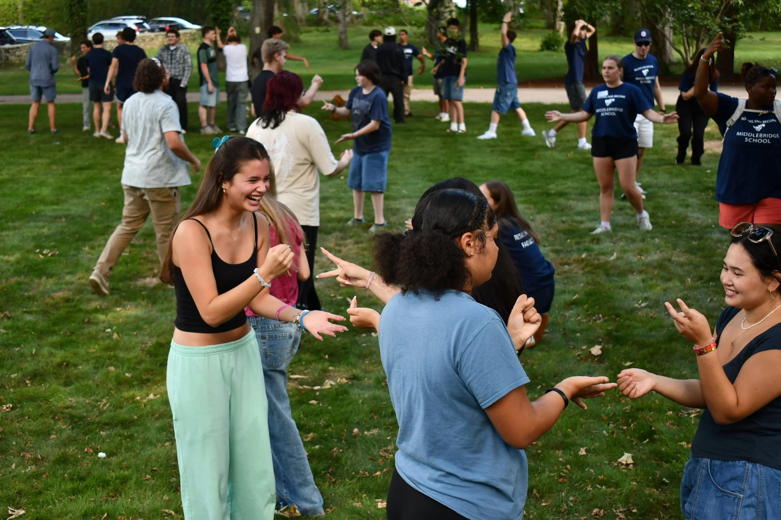 A group of young people enjoying an outdoor social gathering in a park, some are dancing, smiling, and talking, with trees and parked cars in the background.