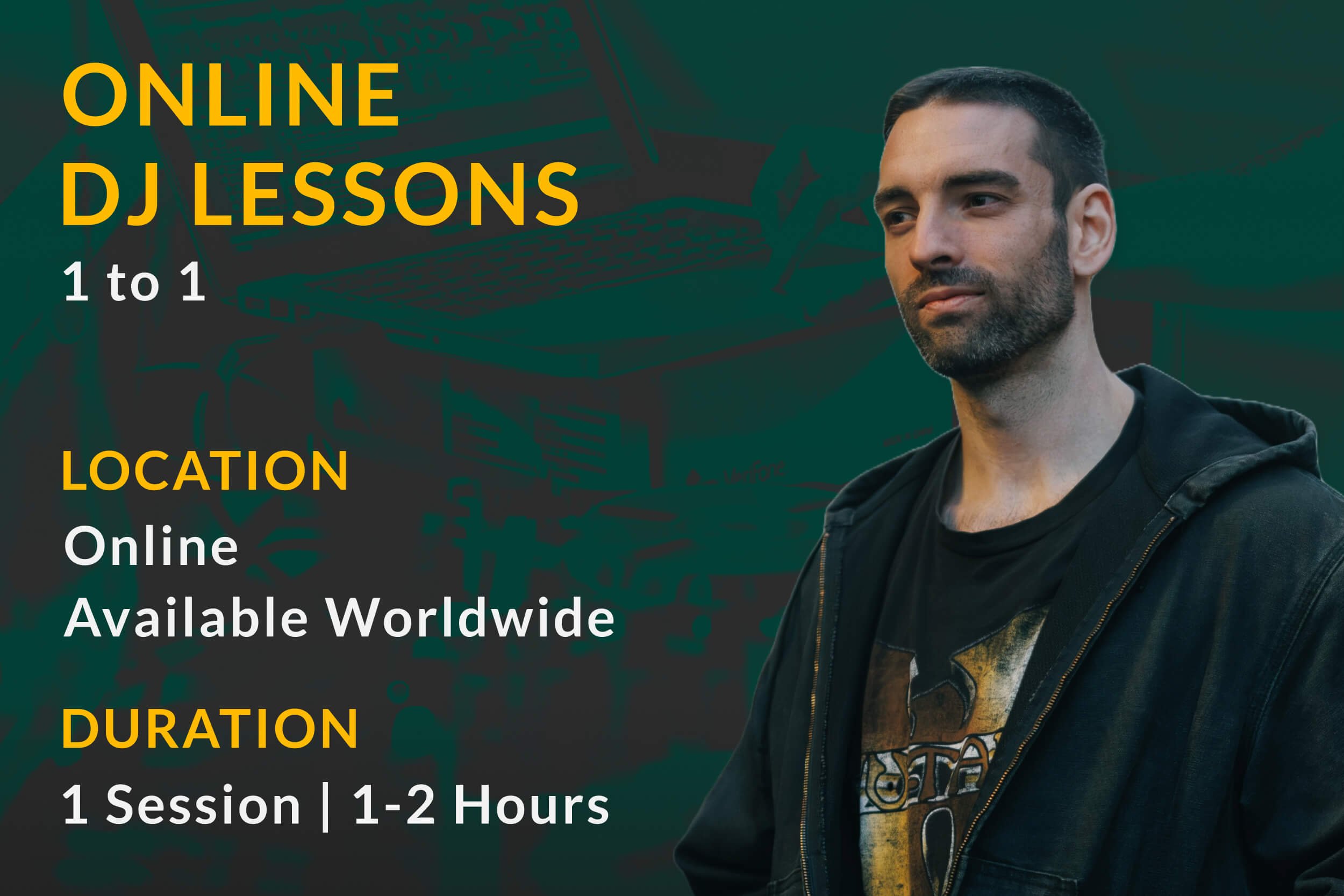 product thumbnail with green background image of a laptop and dj controller, foreground image of London DJ tutor Kaiyo, and yellow and white text describing the online dj lessons product