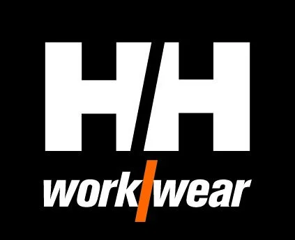 Logo de HH Workwear avec les lettres HH en haut et le texte 'workwear' en dessous, sur fond noir.