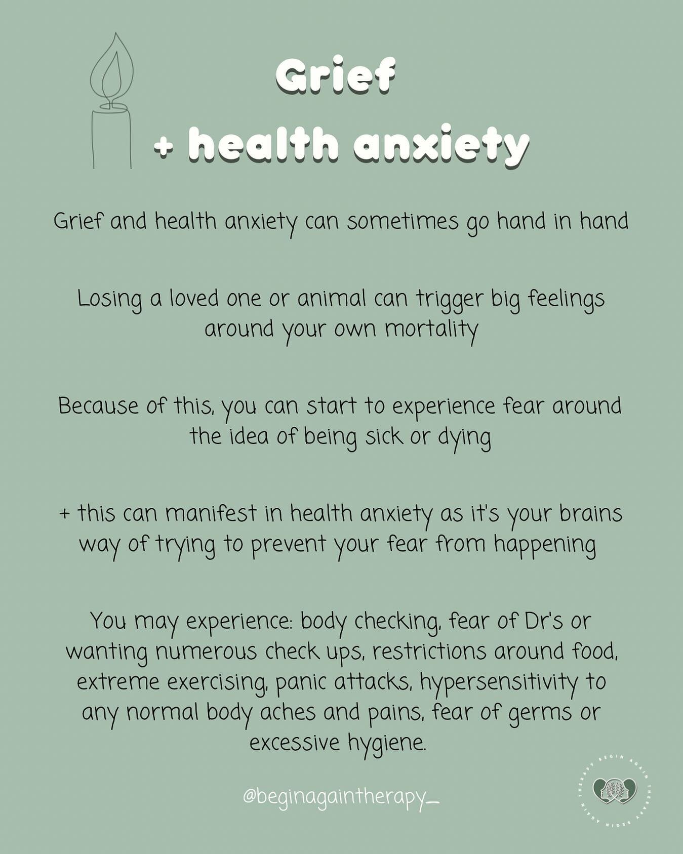 When I lost a loved one I started to experience more health anxiety, it can be a very strange and intense fear that doesn&rsquo;t seem to have an answer (when you&rsquo;re stuck in the midst of panic anyway). 

Recognising health anxieties as a way t