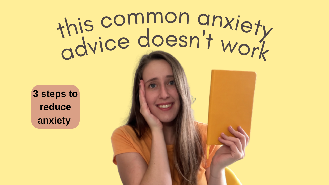 image of shelby leigh on a yellow back drop with text around her that reads, "this common anxiety advice doesn't work. 3 steps to reduce anxiety"
