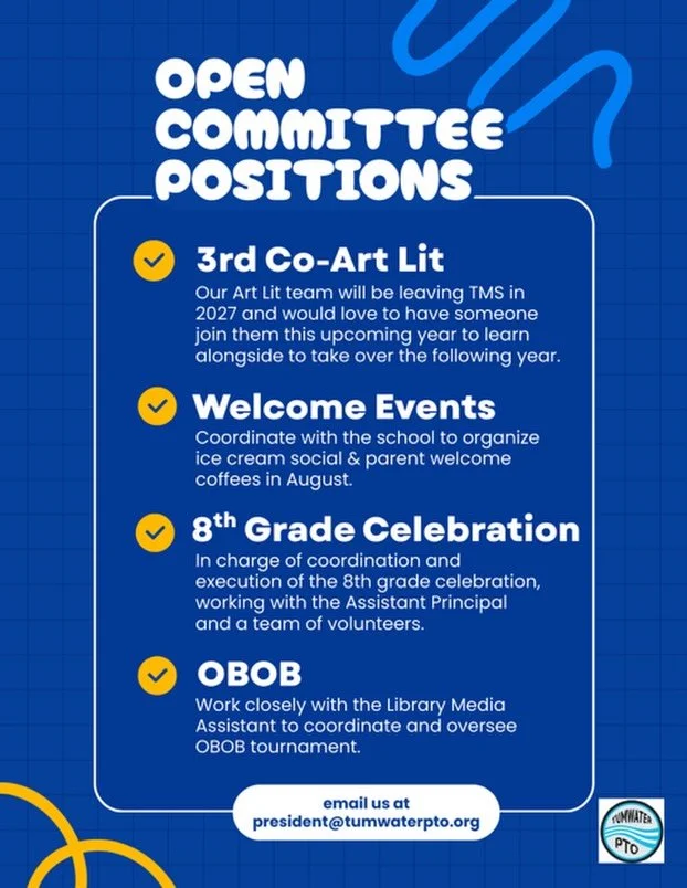 ✨ Want to get more involved at TMS? We&rsquo;d love to have you! Our PTO has a few committee openings for the upcoming year:

🎨 3rd Co-Art Lit &ndash; Our amazing Art Lit team will be leaving TMS in 2027 and would love someone to join them this year
