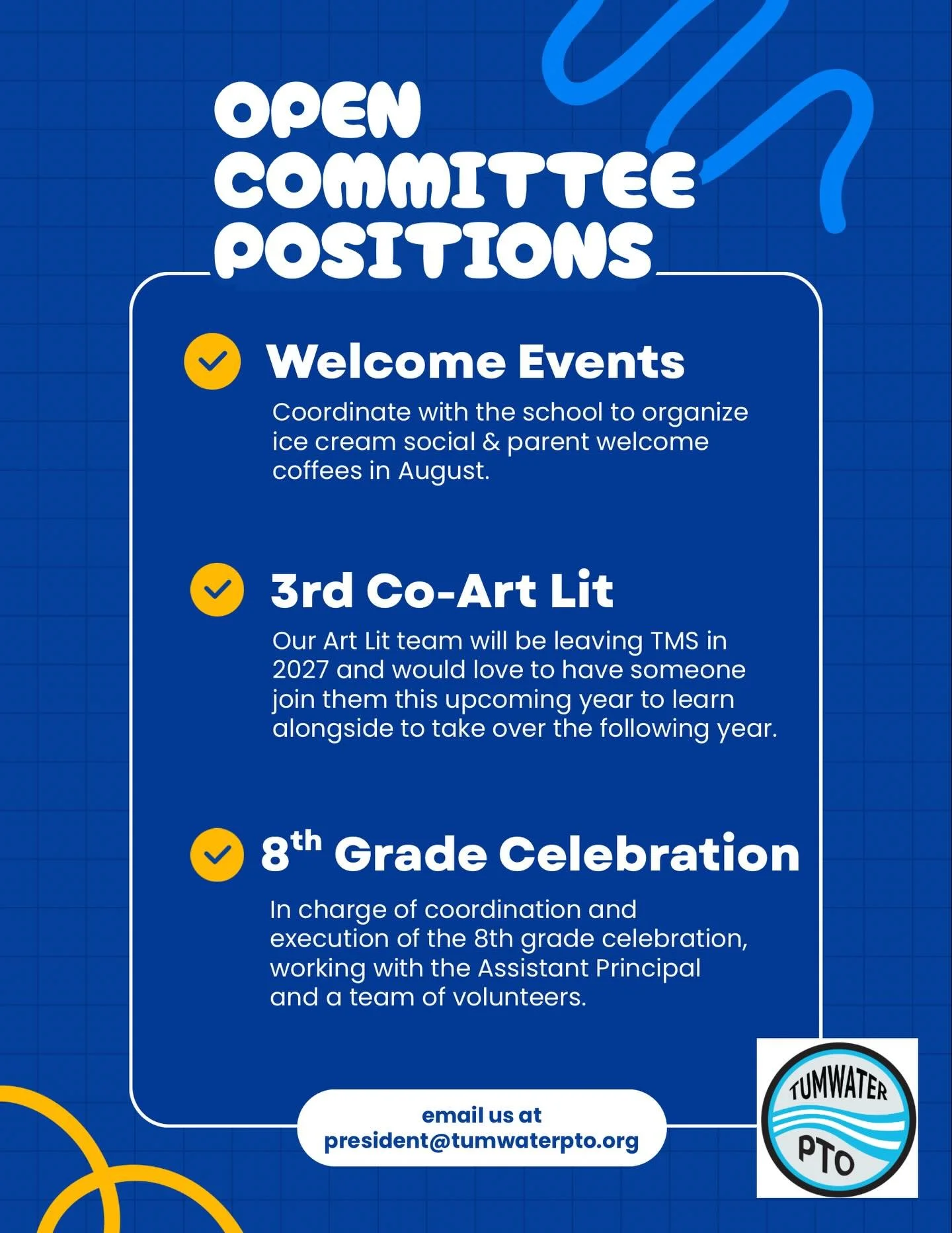 Want to get more involved at TMS? We&rsquo;d love to have you! 💙

Our PTO has a few committee openings for the upcoming year:

✨ 3rd Co&ndash;Art Lit &ndash; Our amazing Art Lit team will be leaving TMS in 2027 and is looking for someone to join the