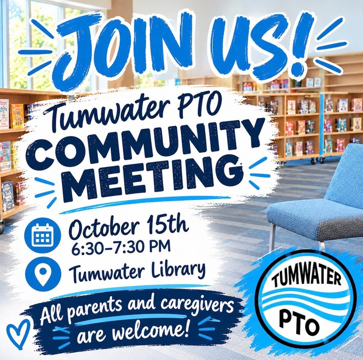 PLEASE JOIN US! 

📣 Tumwater PTO Community Meeting | October 15th

Did you know we only have 4 community meetings this school year?! You won&rsquo;t want to miss this one! 

Here&rsquo;s what&rsquo;s on the agenda:
✨ Hear updates from our principal,