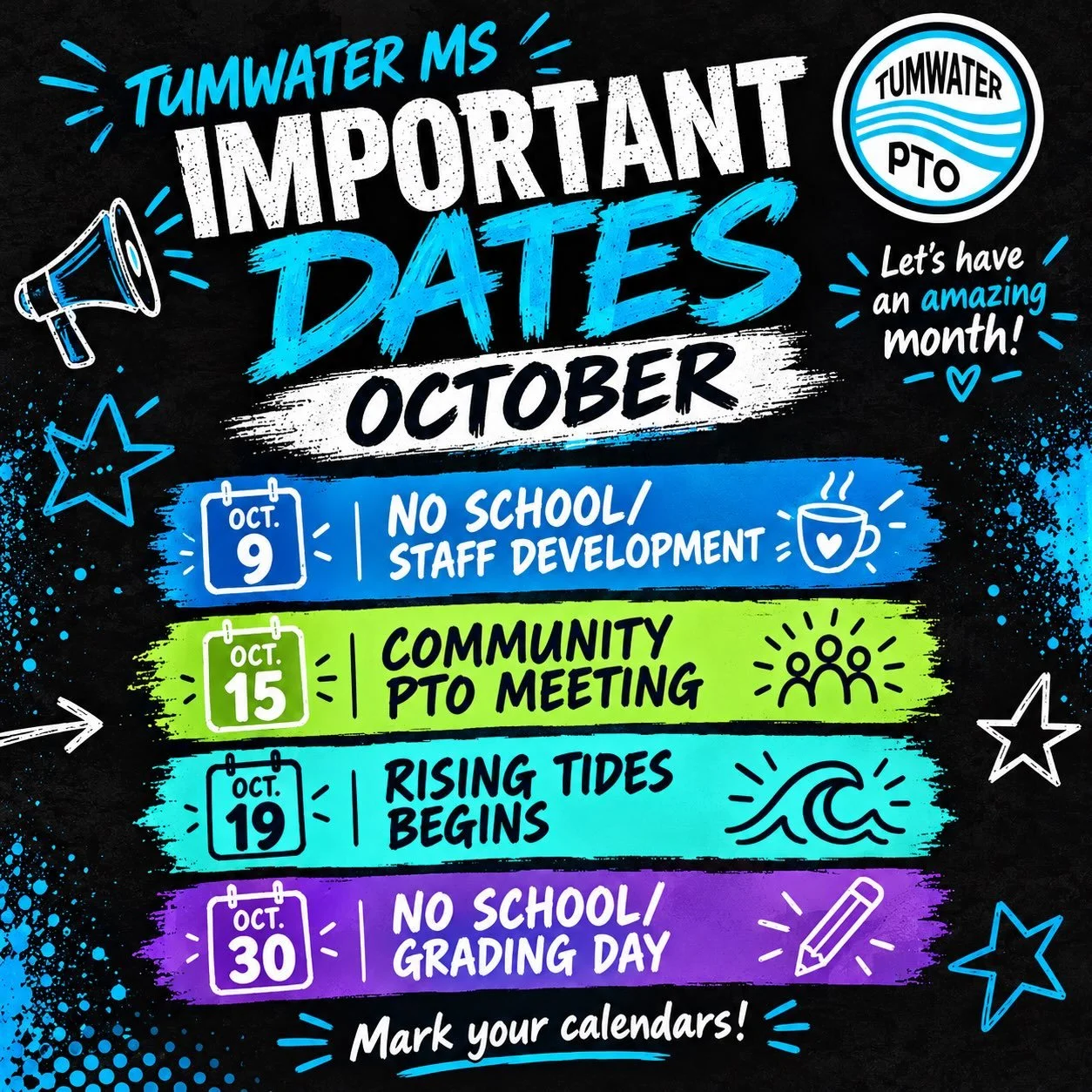 📣 October is here, TMS families! 🍂

Here&rsquo;s your friendly reminder to mark those calendars! 🗓️ We&rsquo;ve got a few important dates coming up this month:

📚 Oct. 9 &mdash; No School | Staff Development
💙 Oct. 15 &mdash; Community PTO Meeti