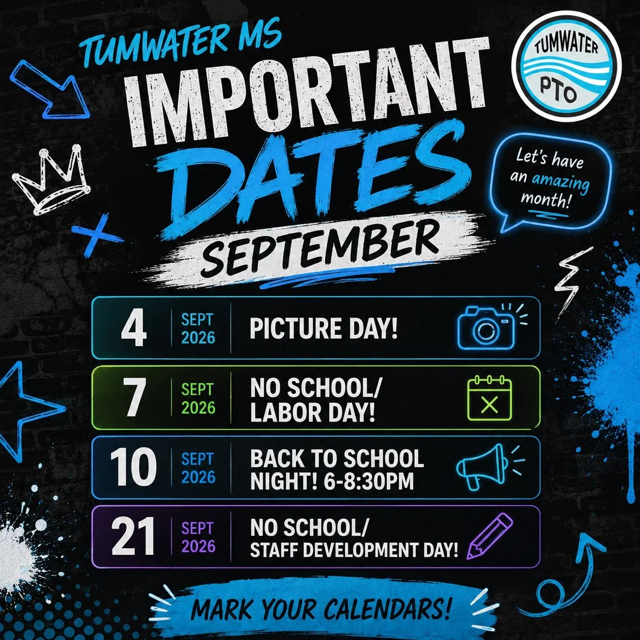 📅 SEPTEMBER IMPORTANT DATES

📸 Sept. 4 &mdash; Picture Day
🚫 Sept. 7 &mdash; No School &bull; Labor Day
📣 Sept. 10 | 6:00&ndash;8:30 PM &mdash; Back to School Night
✏️ Sept. 21 &mdash; No School &bull; Staff Development Day

Save this post and ma