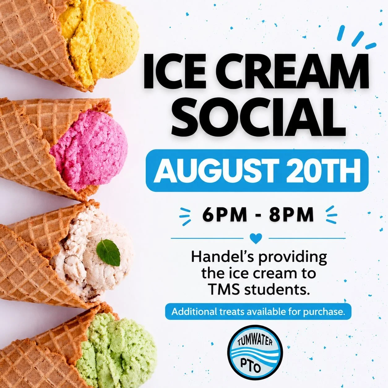🍦 It&rsquo;s almost time for one of our favorite Tumwater traditions!

Join us on Thursday, August 20th for our Annual Ice Cream Social! 🎉 Come reconnect with friends, meet new families, enjoy a sweet treat from Handel&rsquo;s Homemade Ice Cream, m