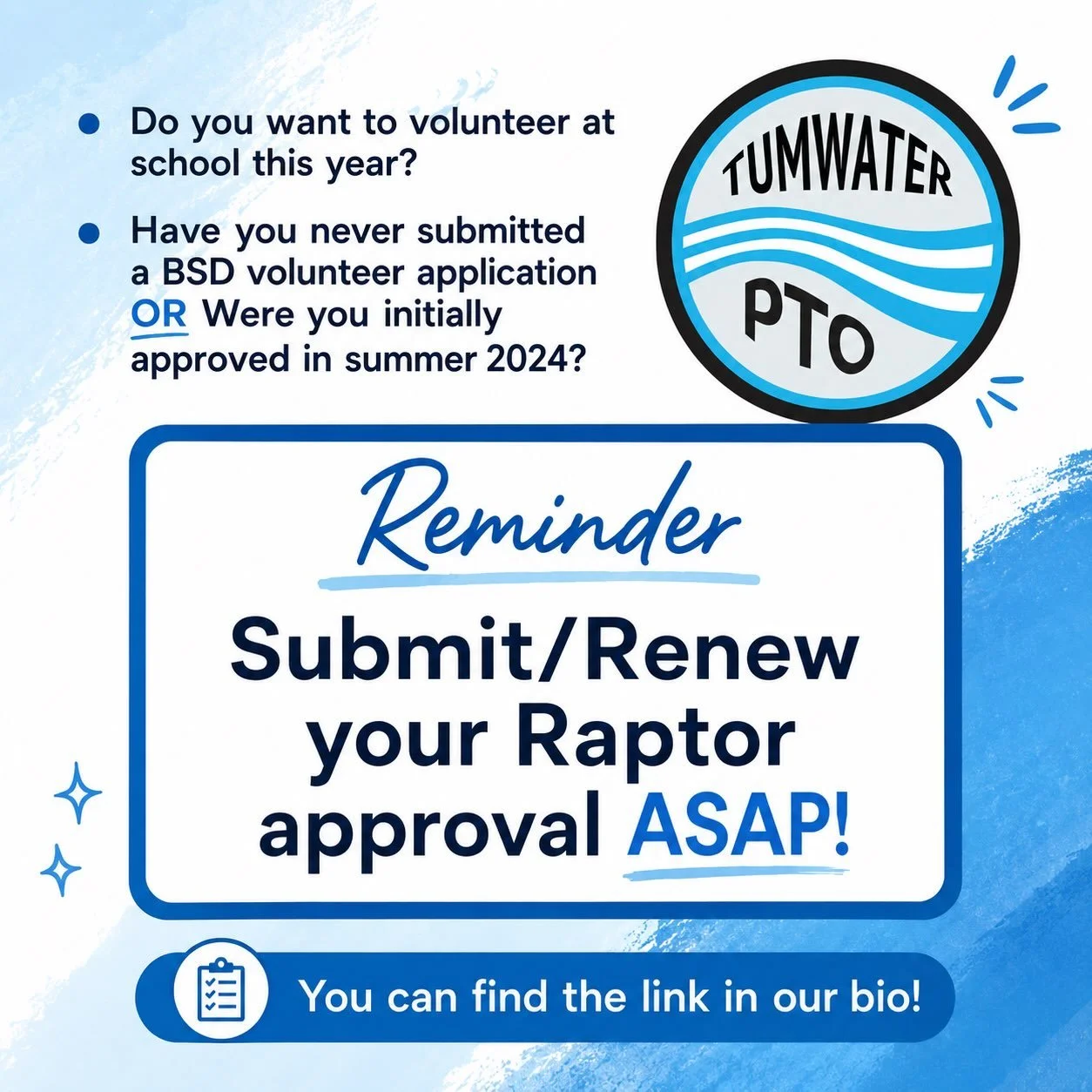 🚨 Back-to-School Volunteer Reminder! 💙

Can you believe school starts in just 3 weeks?! 🎒🍎

If you&rsquo;re planning to volunteer at Tumwater this year, make sure your Raptor volunteer approval is ready to go!

✅ New volunteer? Submit your BSD vo