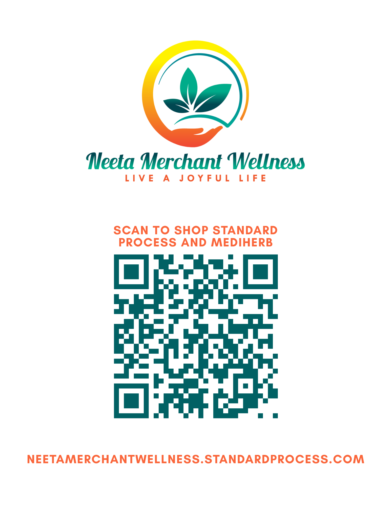 A wellness business card with a logo of a hand holding a leaf, the name 'Neeta Merchant Wellness', the slogan 'Live a Joyful Life', a QR code, and the website neeetmerchantwellness.standardprocess.com.