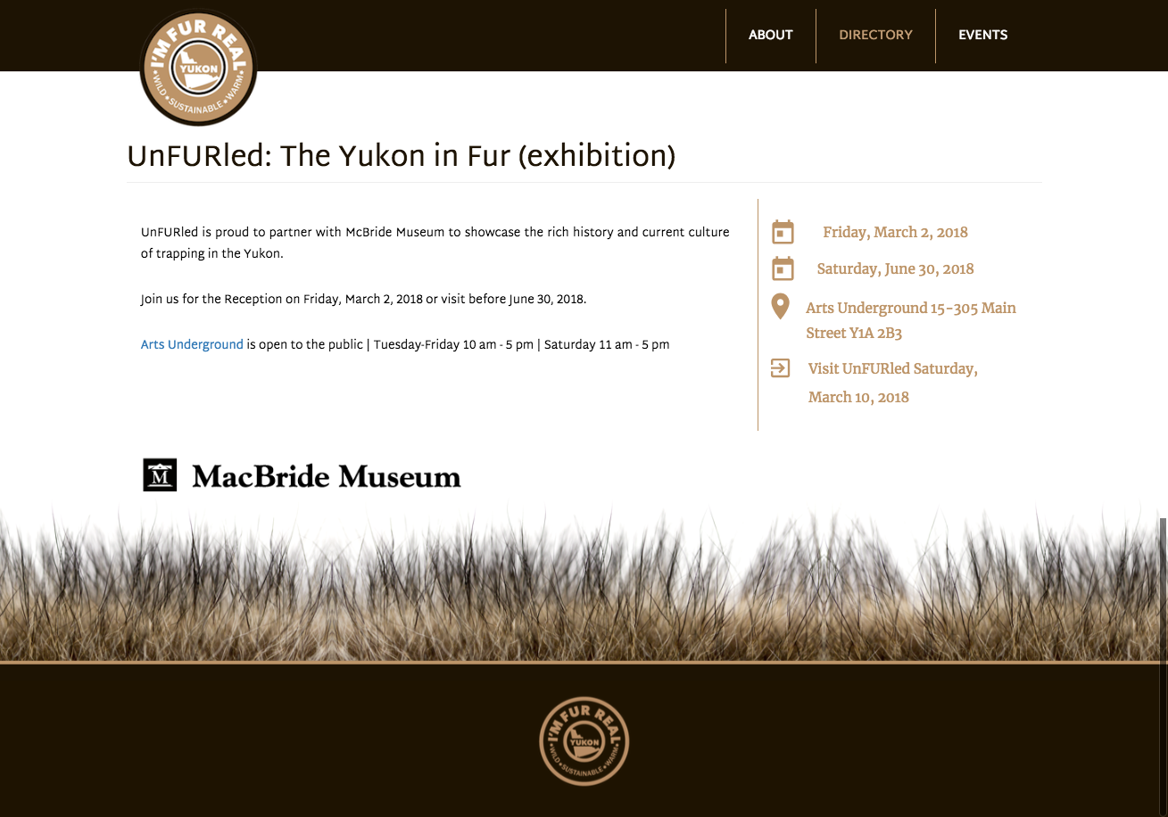 Website graphic design of Unfurled Yukon in Fur exhibition created for Shot in the Dark Productions in 2018