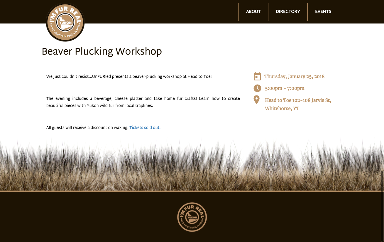 Website graphic design of Unfurled beaver plucking workshop created for Shot in the Dark Productions in 2018