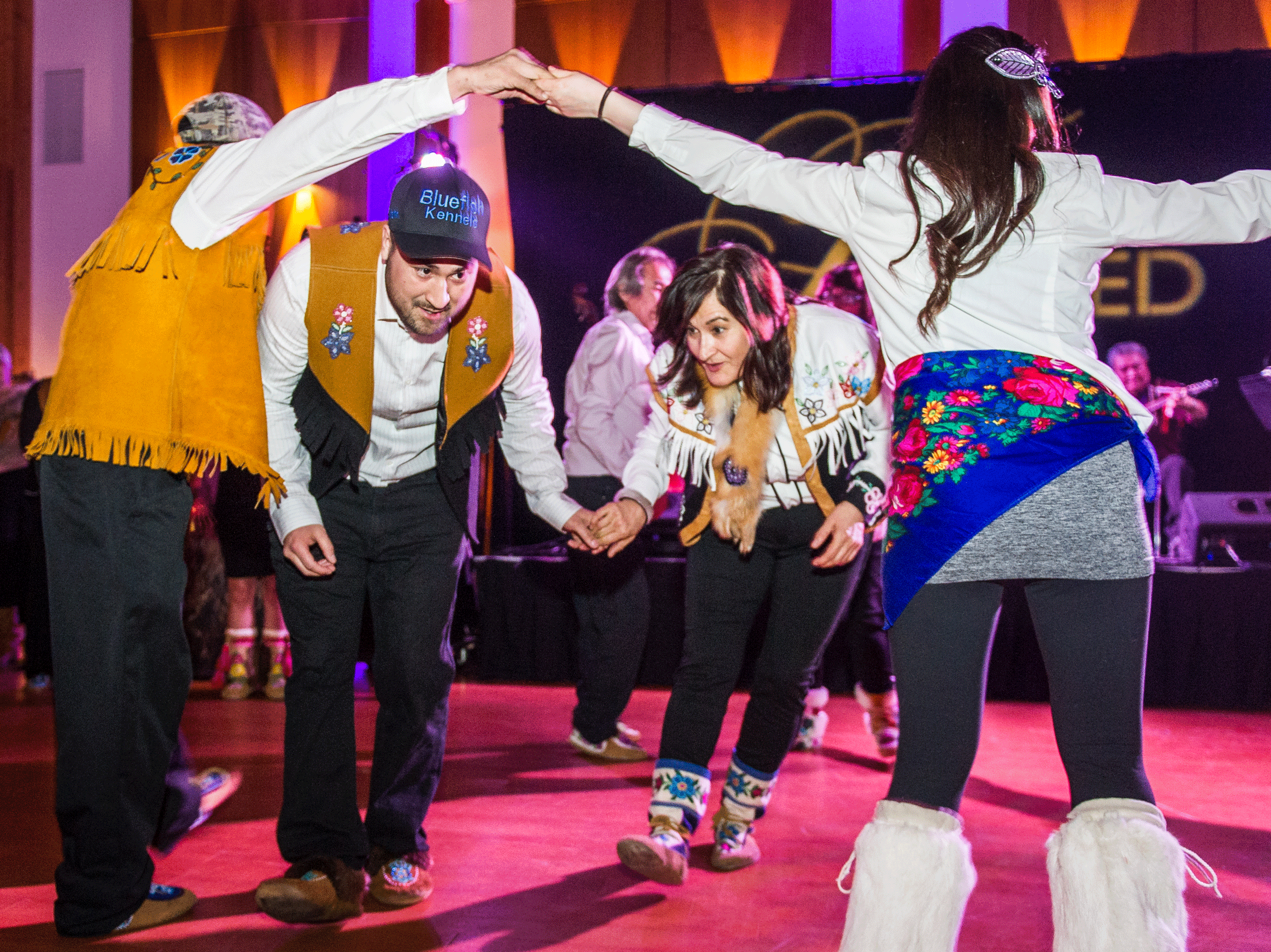 Event photograph by Cathie Archbould showing an image of Old Crow jiggers and Pauline Frost at the inaugural Fur Ball created for Unfurled in 2018