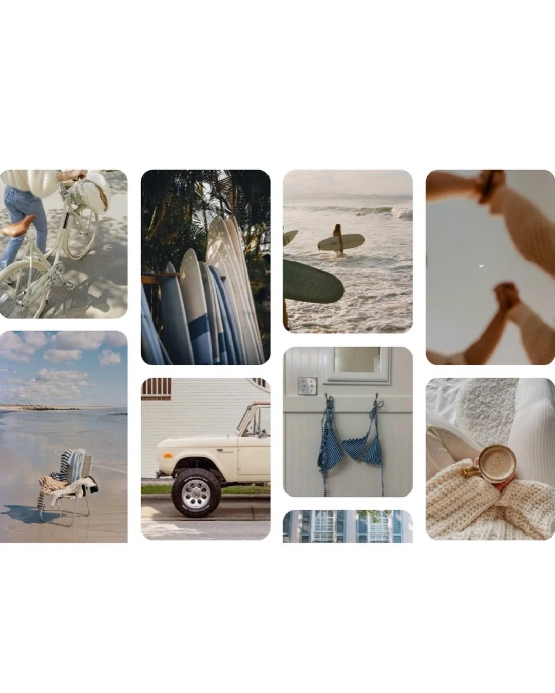 Coastal minimalism meets nostalgic Americana. A palette study in ocean blues, sun-faded neutrals, and warm terracotta&mdash;capturing that effortless beach town aesthetic. Texture, light, and laid-back living translated into visual language.

Here&rs