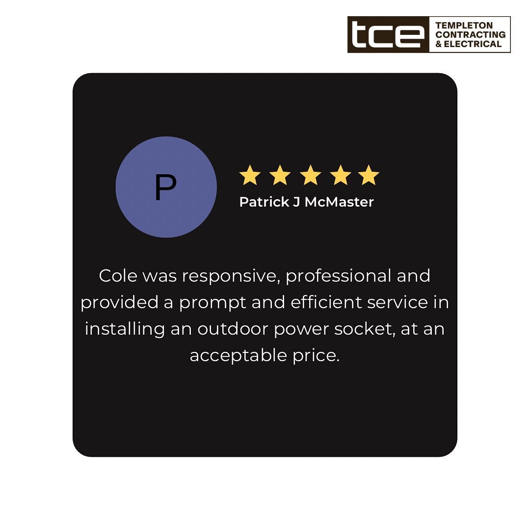 Thanks Patrick for the great review ⭐️ we pride ourselves in providing a quality, efficient service every time for our customers. 

📲 0417 129 484 
📧info@templetonelectrical.com.au
💻www.templetonelectrical.com.au
&bull;
&bull;
&bull;
&bull;
&bull;