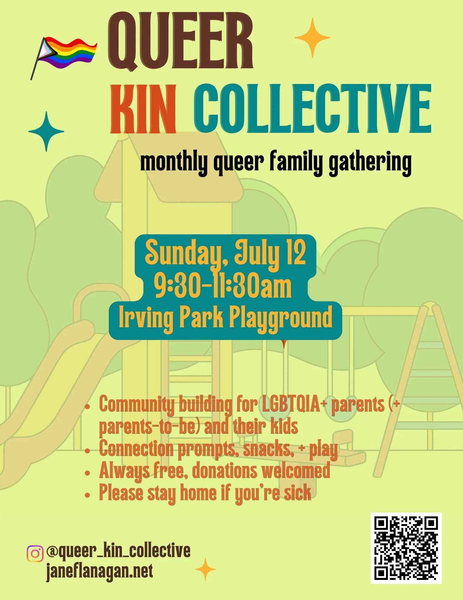 Flyer for Queer Kin Collective's monthly queer family gathering on Sunday, July 12 from 9:30 to 11:30 am at Irving Park Playground, featuring a rainbow flag and playground illustration.