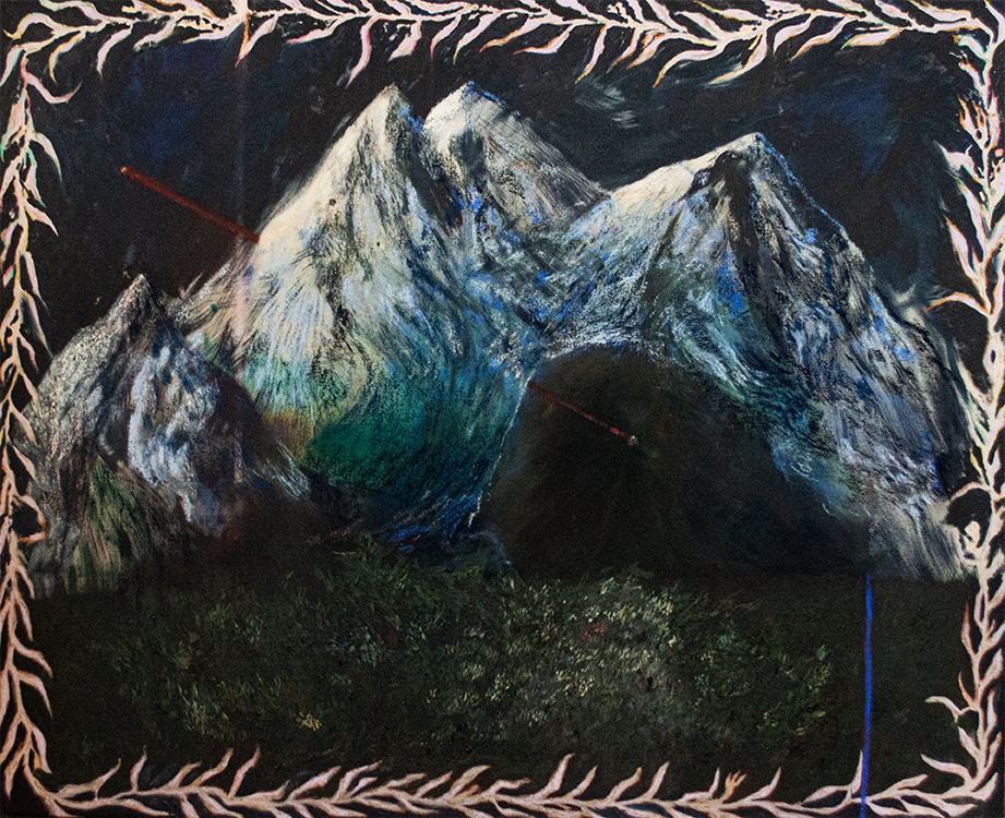 Whether under, through the dark, 
or over in the cold light,
the path is most true
when not in full sight.
36 x 44 inches || Watercolor, Spray Paint, Conte Pencil, Acrylic, Sumi ink, Pastel on Canvas Available || 2025