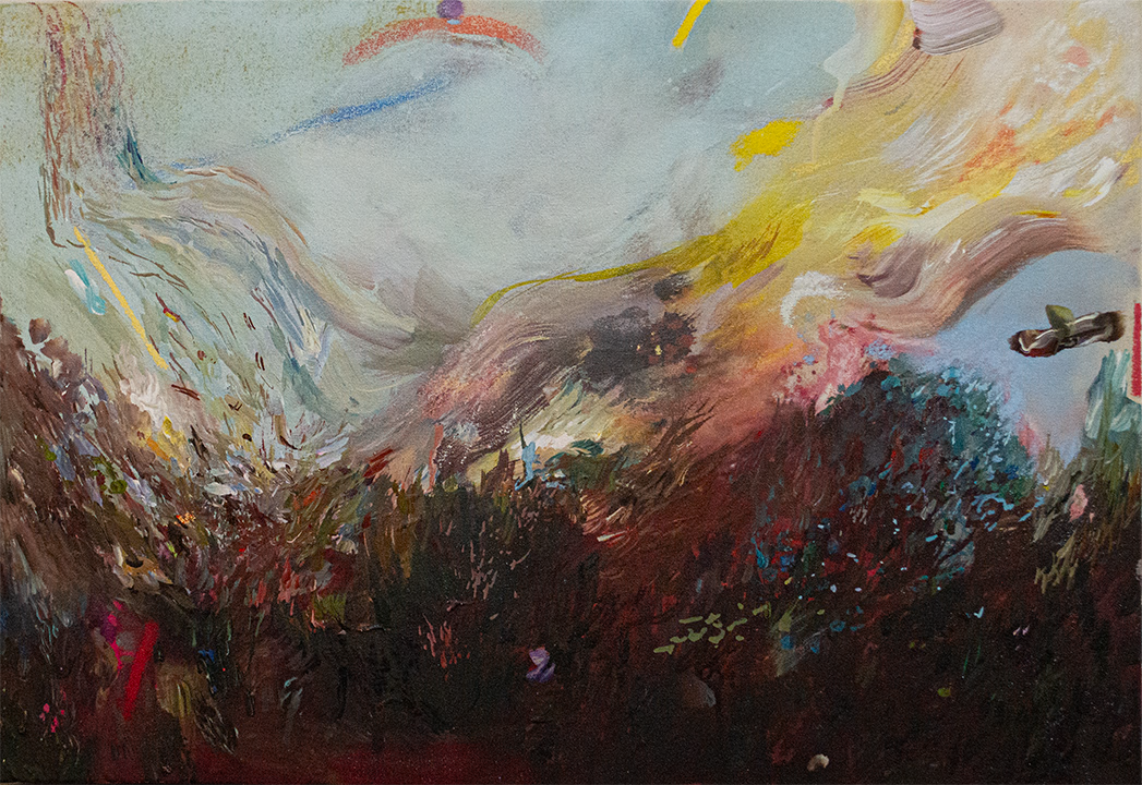 Now here is the prairie
of low-lying life, 
you can see the horizon- and it’s so far,
the path’s beginning and its ending
is an everyday fight.
18 x 26 inches || Watercolor,  Spray Paint, Acrylic, Pastel on Canvas || Available || 2025