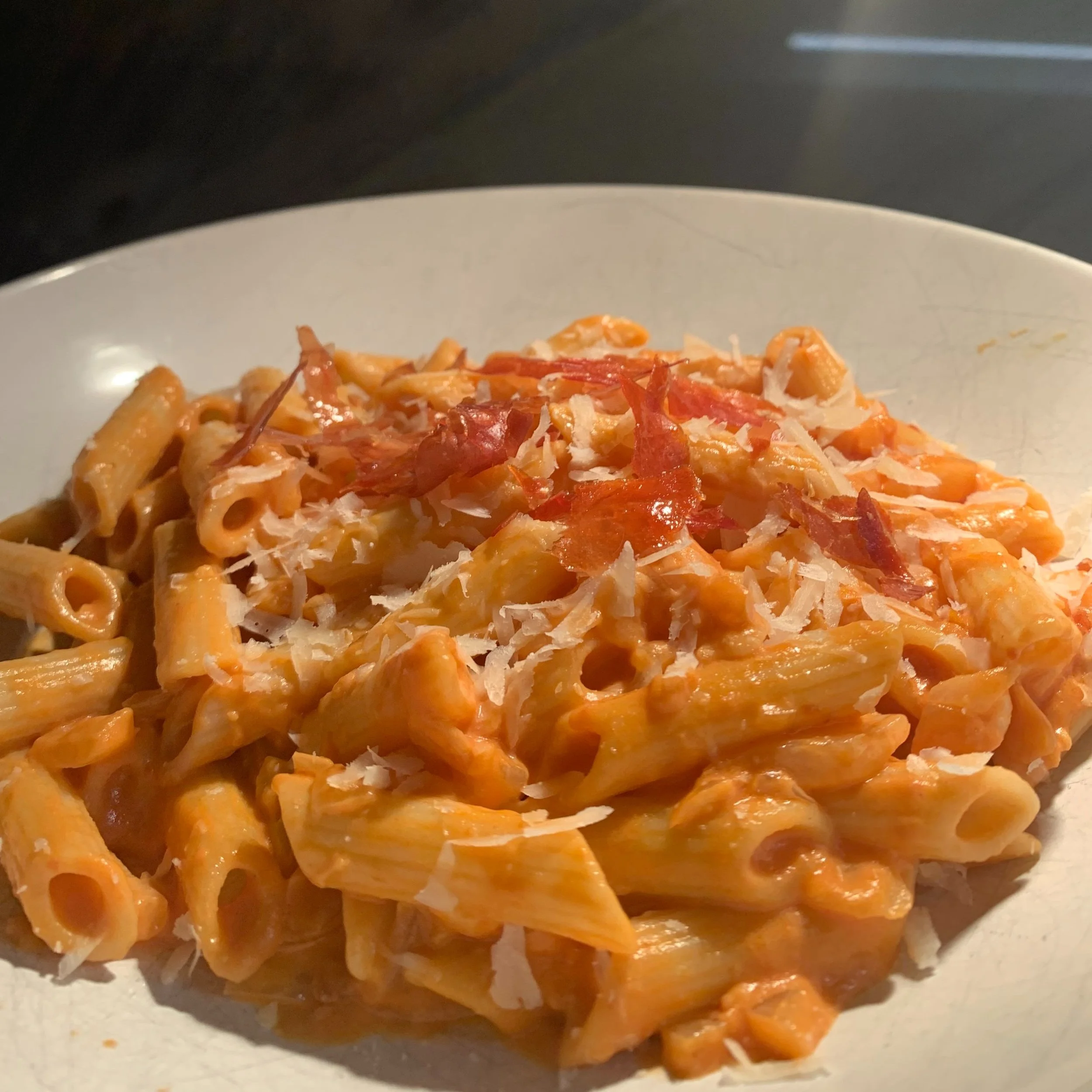 PENNE ALLA VODKA WITH CRISPY PROSCUITTO — Ozzy Stirs the Pot