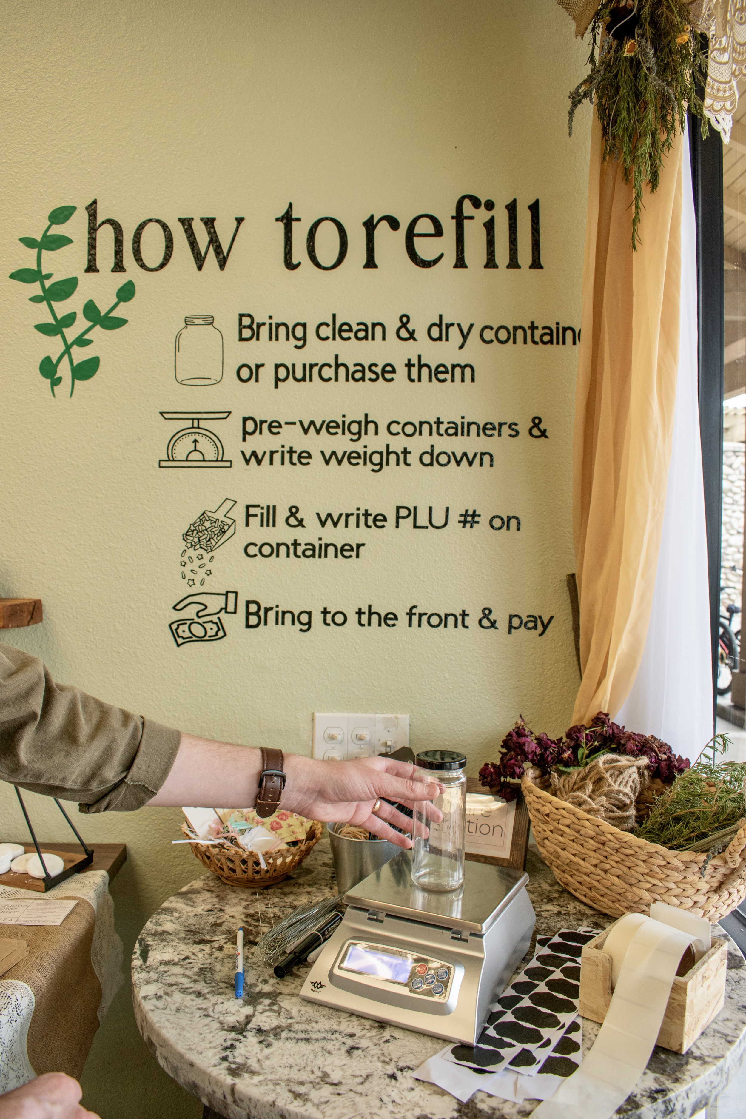 Instructional sign on how to refill containers, with a person filling a jar on a counter, digital scale, and various supplies nearby.