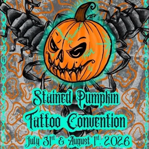 Stained Pumpkin Tattoo Convention, July 31-Aug. 1, 2026; Jack-o-lantern with bug legs