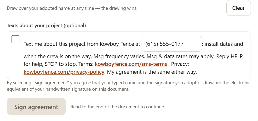 Customers: the optional texting box on the Sign step of their Kowboy Fence agreement (sample with a made-up customer).