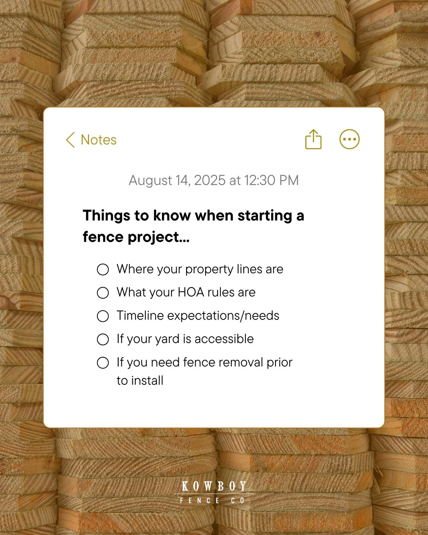 Looking to start your fence project but unsure where to start? Aside from booking your on-site with Kowboy, there are a few things to cross off your list. ✔️ Feeling ready to go? Comment QUOTE &amp; we'll dm you a link to have one of our sales manage