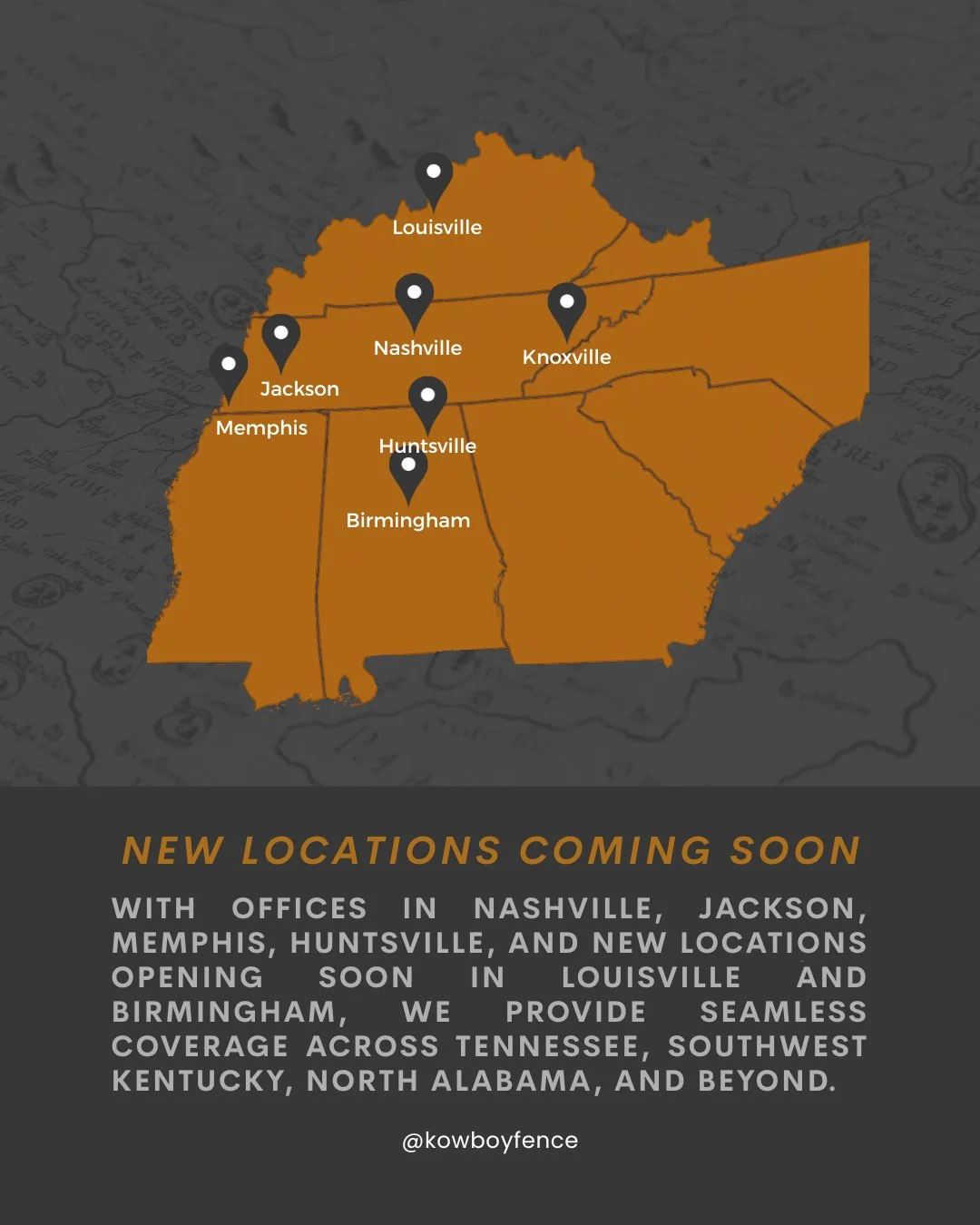 Big things are happening at Kowboy Fence! 🤠 We&rsquo;re expanding with new locations in Louisville and Birmingham, joining our existing offices in Nashville, Jackson, Memphis, and Huntsville.⁠
⁠
That means more crews, more coverage, and the same tru